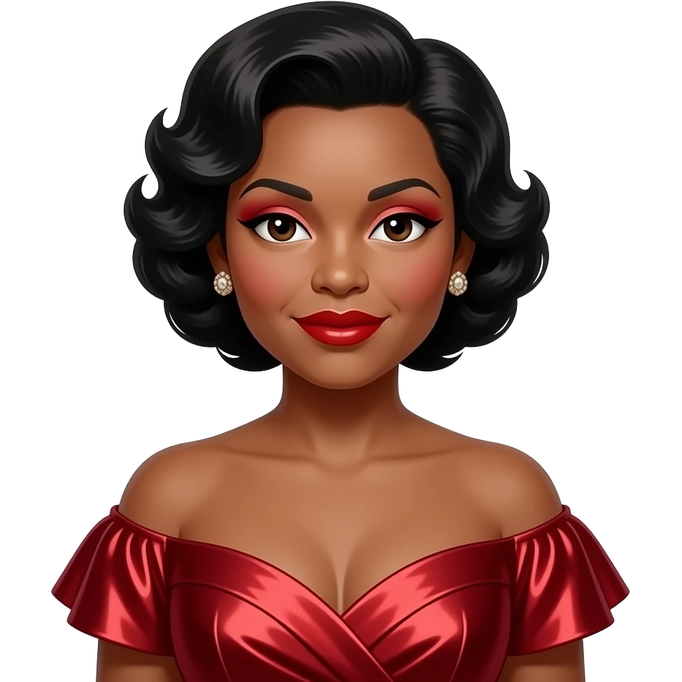 Marian Anderson with dark brown eyes, black 50s soft curled bob hair, red eyeshadow, red lipstick, red metallic off shoulder dress, earrings emoji