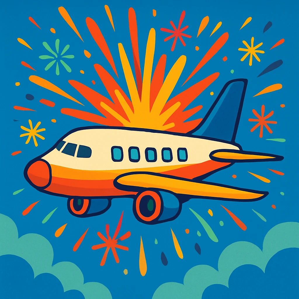 A plane flying in the sky with a colorful explosion behind it, caused by fireworks going off in the sky, vibrant and dynamic scene emoji