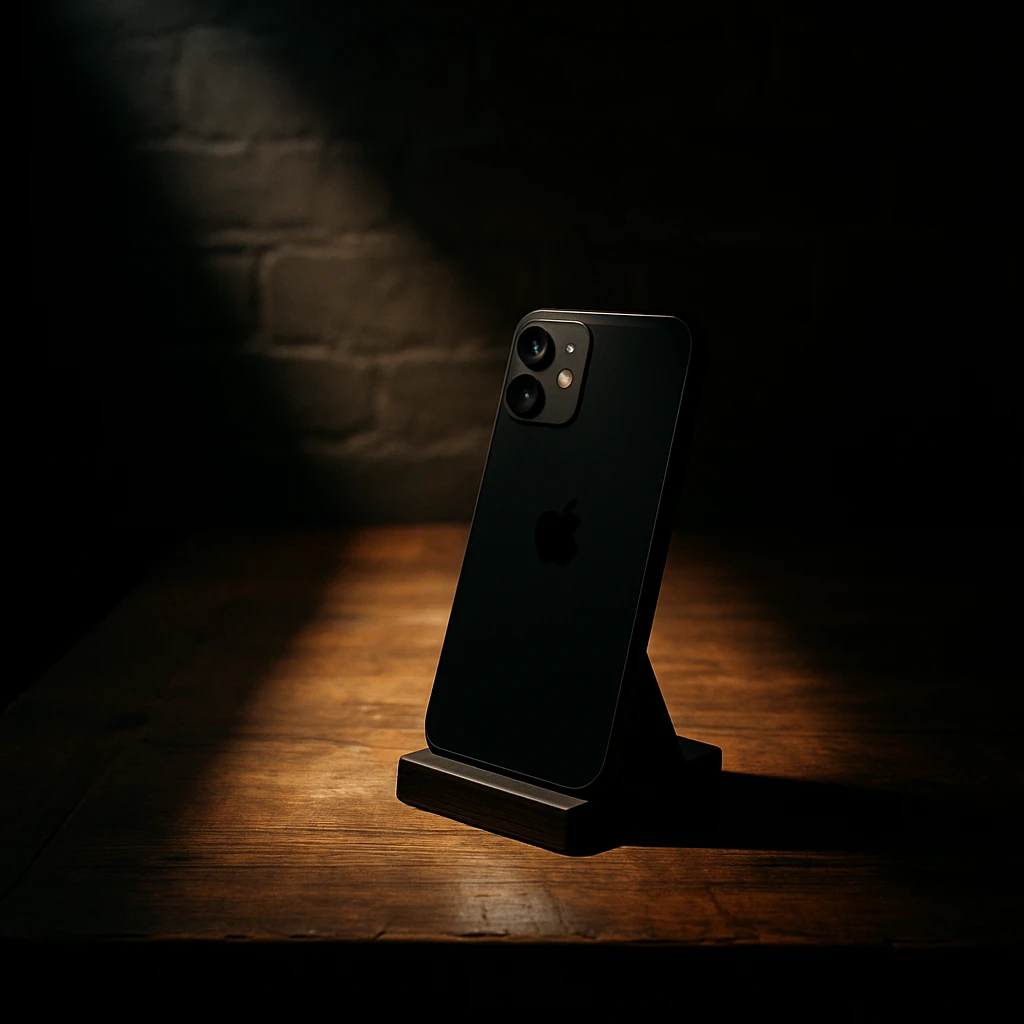 dark room in loft style, iphone lies on a wooden table on a stand, a beam of light shines directly on it and on the table emoji