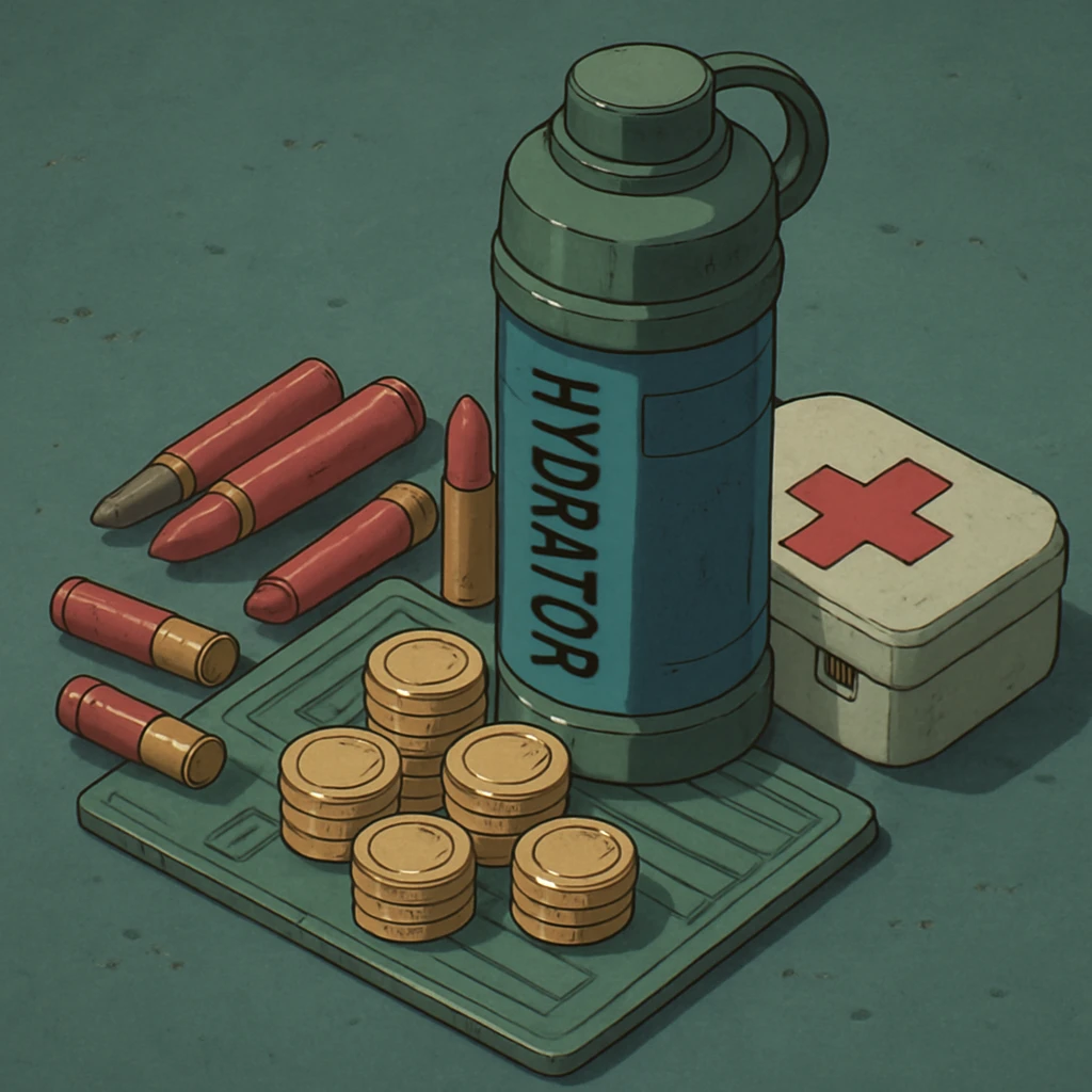 the image is the icon for a videogame  item. futuristic cyberpunk -ready to equip- it is master craftsmanship [ unequipped item ]
It is a pile of miscilaneous loot, some ammunition, credits, first-aid, and a hydrator, neatly bunched together emoji