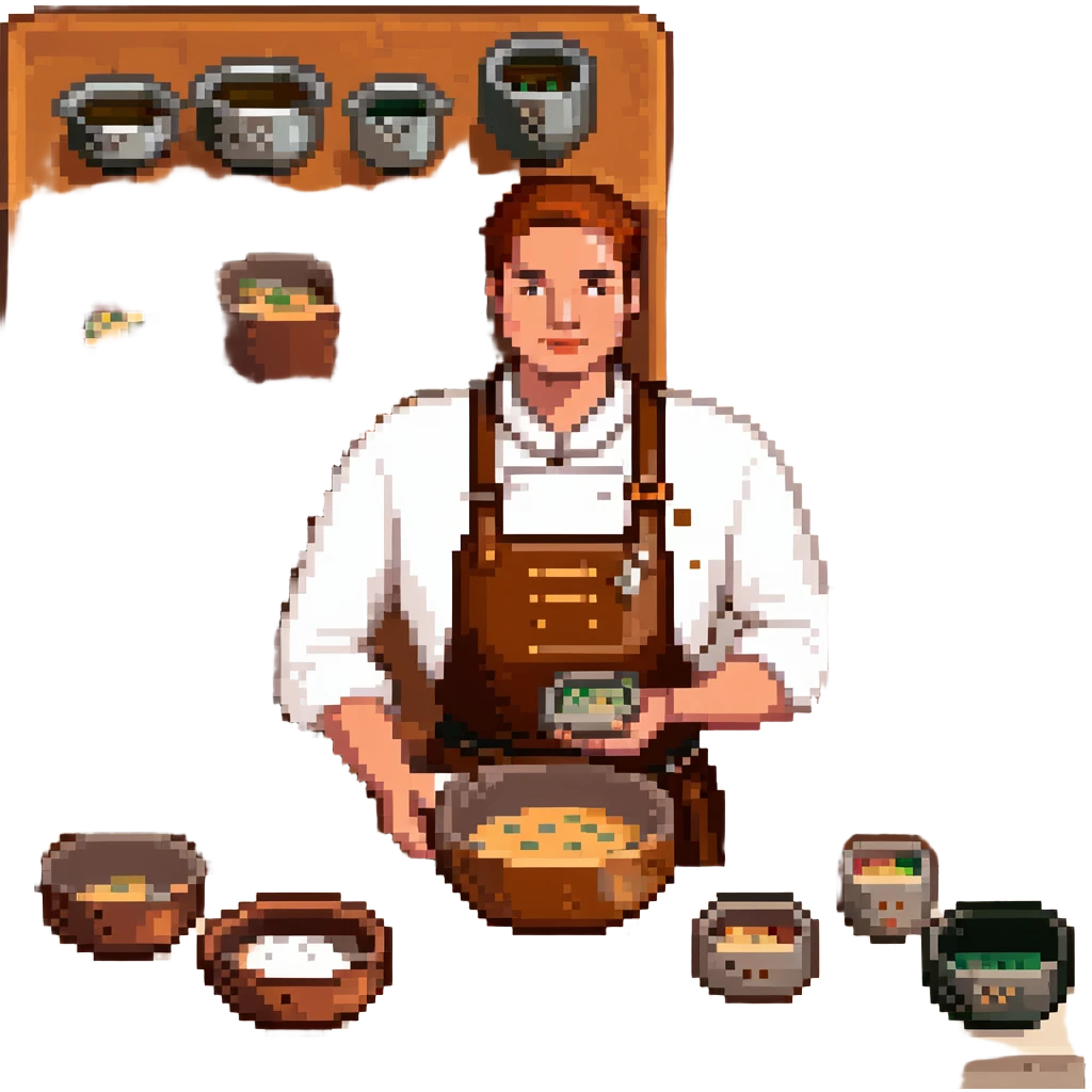 A confident journeyman baker working with copper mixing bowls, enamel measuring cups, and a leather-bound recipe book. The environment features warm lighting, brass utensils, and stitched cloth textures. UI elements resemble embossed leather tabs and metallic buttons. emoji
