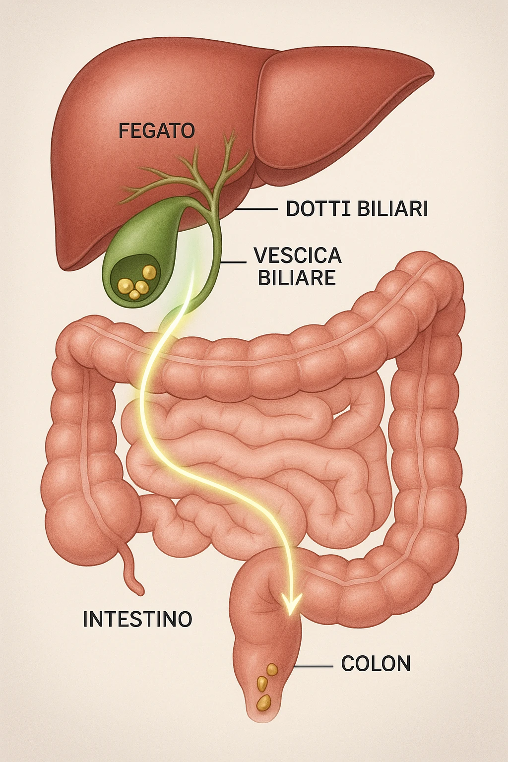 A realistic, educational medical illustration showing the human digestive tract focusing on the liver, gallbladder, bile ducts, and intestines. The gallbladder is depicted with small gallstones inside. A soft glowing arrow indicates the flow of bile and small stones moving naturally from the gallbladder through the bile ducts into the intestines. In the colon, small softened gallstones are shown being prepared for elimination, symbolizing their removal through bowel movements. The style is clean, precise, and clear with soft anatomical colors (greens, soft reds, and yellows) and faint glowing arrows to illustrate the process. The background is a subtle neutral gradient to keep the focus on the organs and the pathway. The image conveys the concept of natural gallstone elimination through the intestines via the stool in a clear, non-graphic, and educational way in italiano emoji