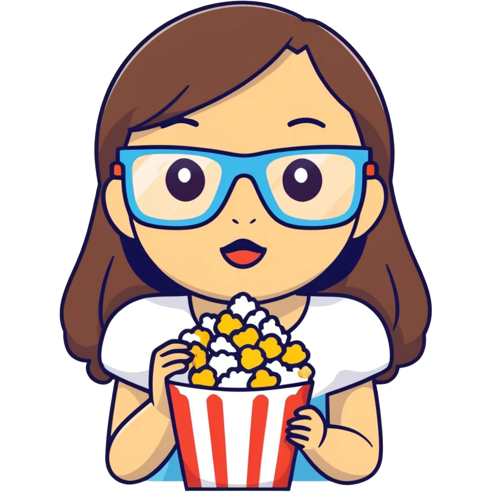 Create a Asian Latina girl with brown hair and eyes eating popcorn and using the 3d glasses they give you at the cinema emoji