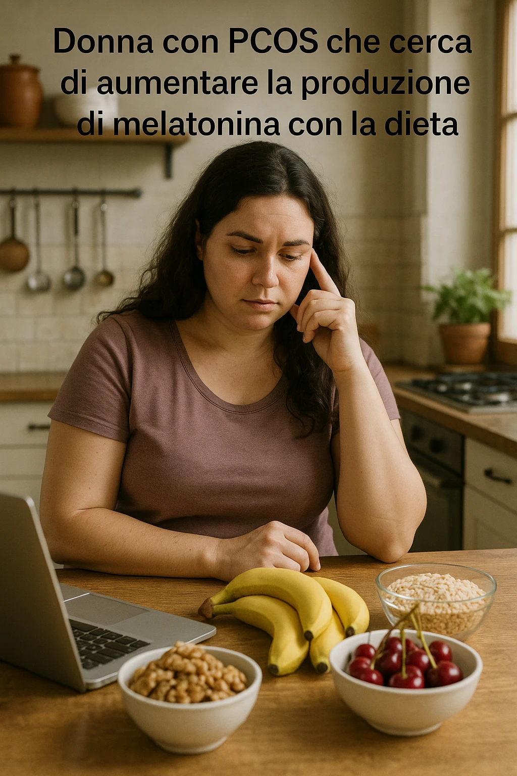 Donna con pcos che cerca di aumentare la sua produzione di melatonina con la dieta immagine realistiche in italiano emoji
