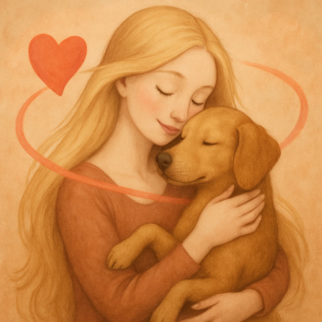 A pretty woman with pale skin and very long blonde hair holding a dog, with a heart spinning around her. emoji