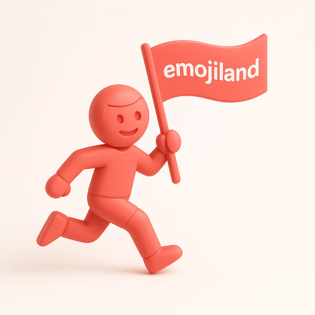 happy runner waving a flag that says 'emojiland' emoji