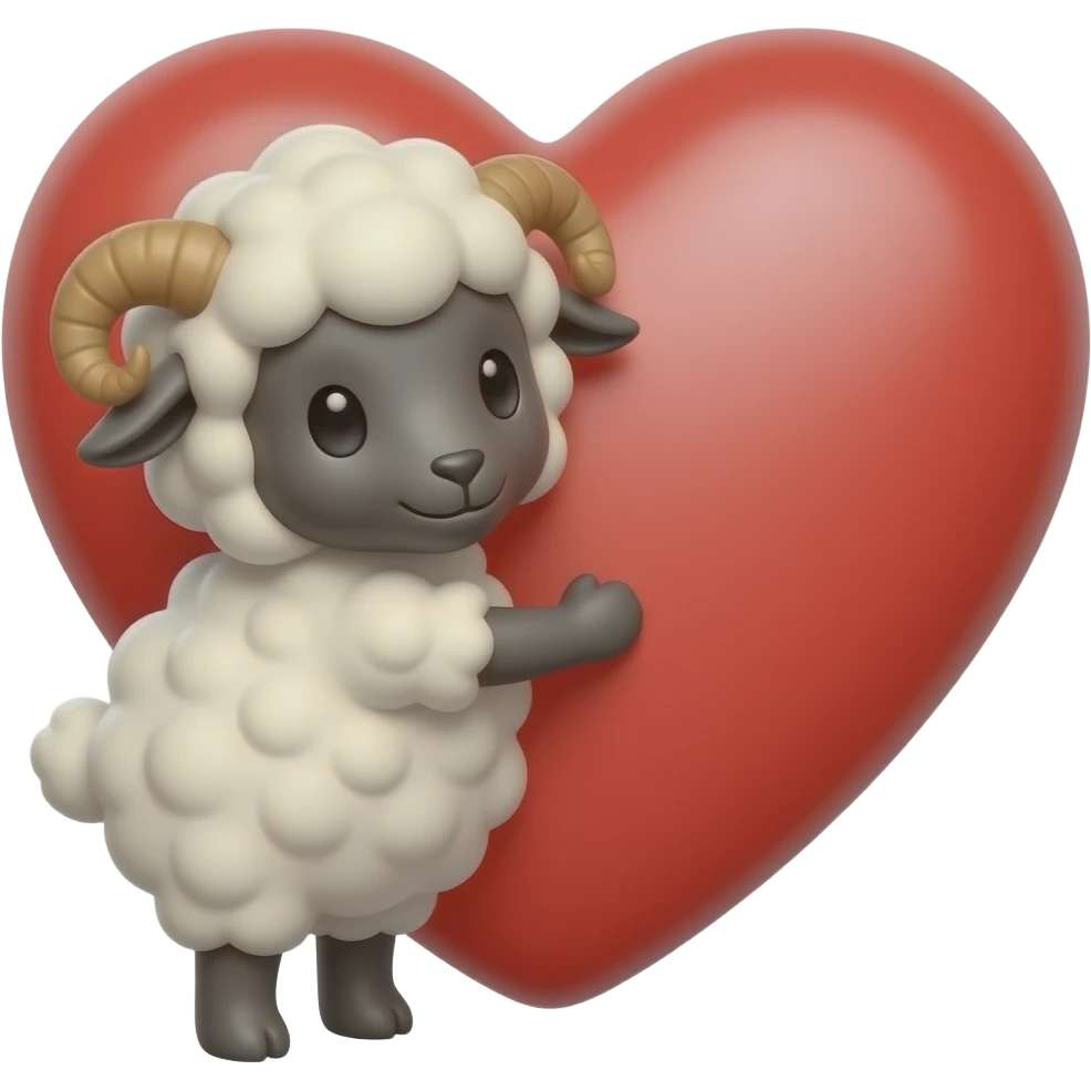 Cute ram with horns emoji hugging a large red heart, close-up emoji