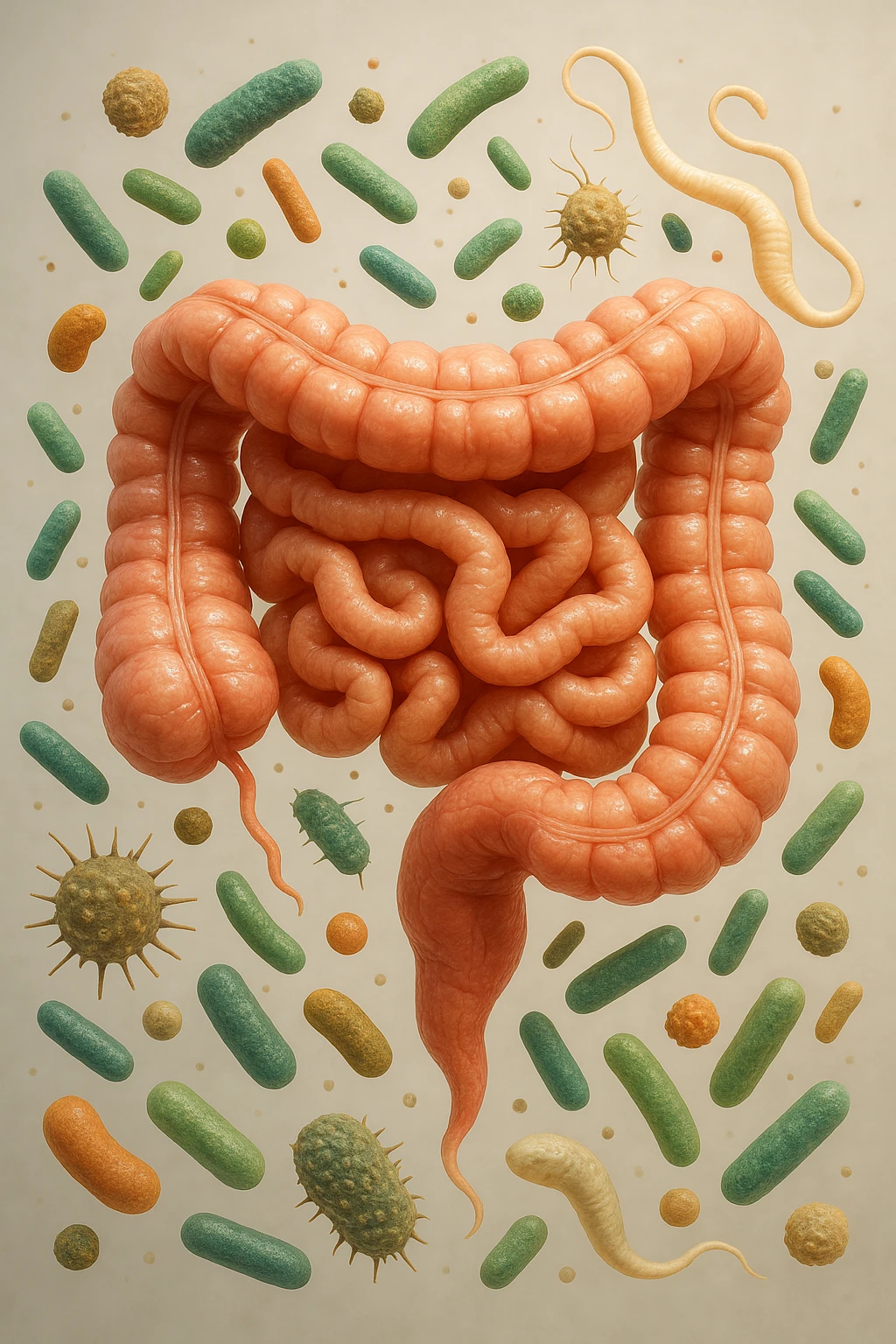INTESTINO UMANO ANATOMICO CON BATTERI E PARASSITI INTORNO, SFONDO CHIARO NEUTRO, IPERREALISTICO 4K emoji