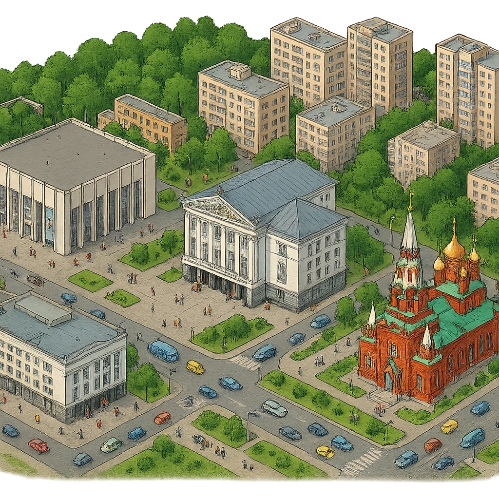 Изометричная чёткая миниатюрная фотореалистичная 3D модель панорамы Перми — Пермский академический Театр-Театр, Театр оперы и балета, Вознесенско-Феодосиевская церковь, Черняевский лес,  люди, несколько типичных пермских домов, автотранспорт. Вид сверху в изометрии, яркие цвета, мультяшная рисованная реалистичность, прозрачный фон, компактная композиция, не обрезать края зданий. emoji