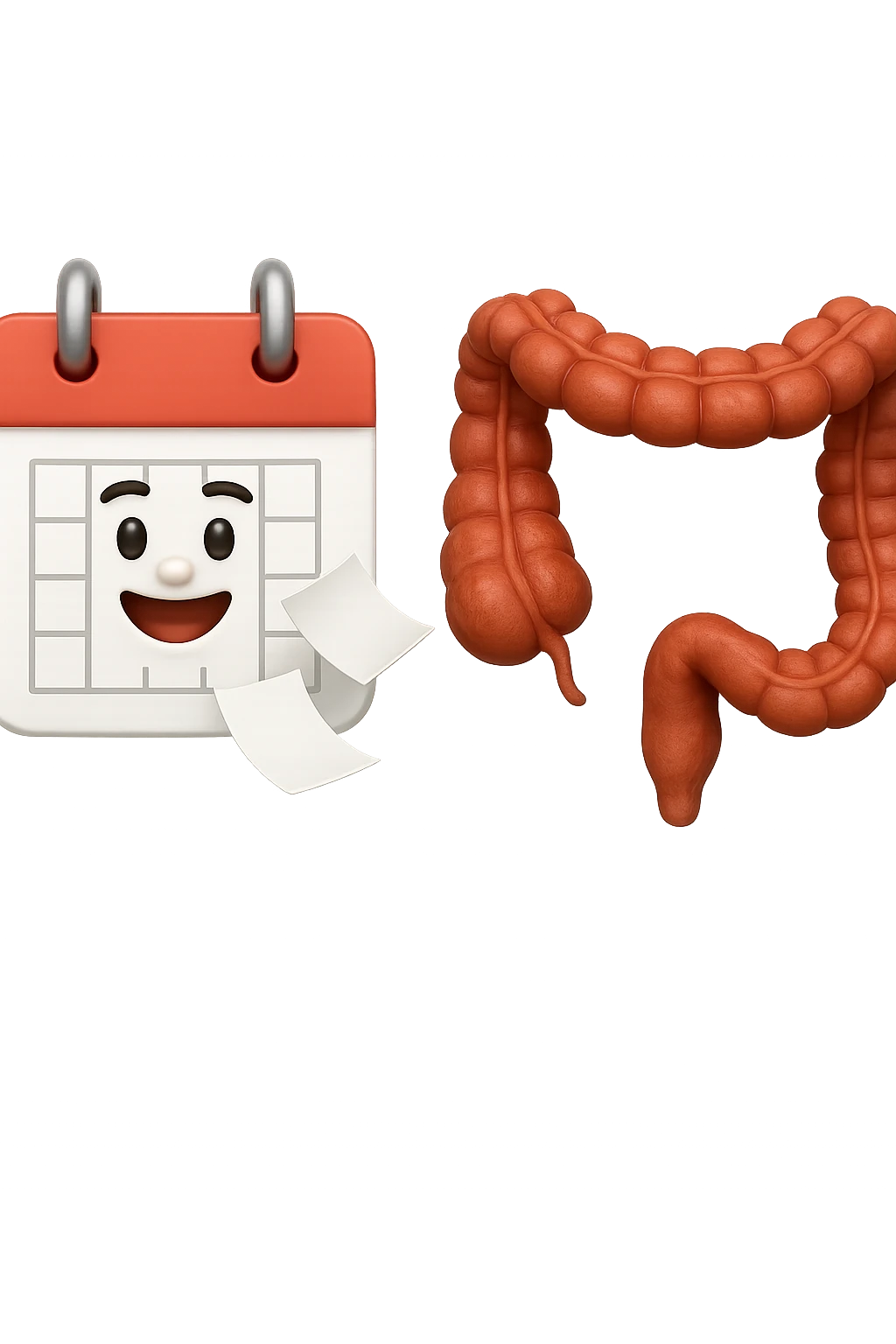emoji stile iphone di un calendario con fogli che volano insieme a pezzi anatomici di colon umano, iperrealistico 4k, isolato su sfondo bianco emoji