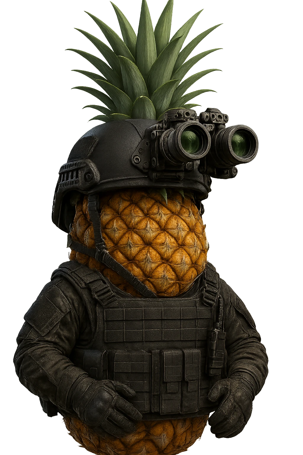 Make the pineapple wear special forces gear including a tactical helmet with night vision goggles, a black tactical vest, and gloves. The background should be transparent with no background. emoji
