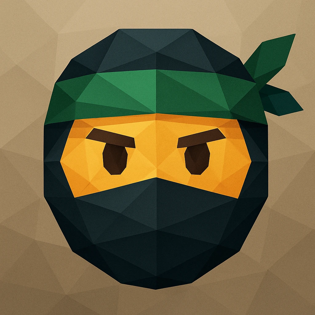 ninja emoji with masked face and green headband, low-poly geometric shapes, modern look, polygonal icon style emoji