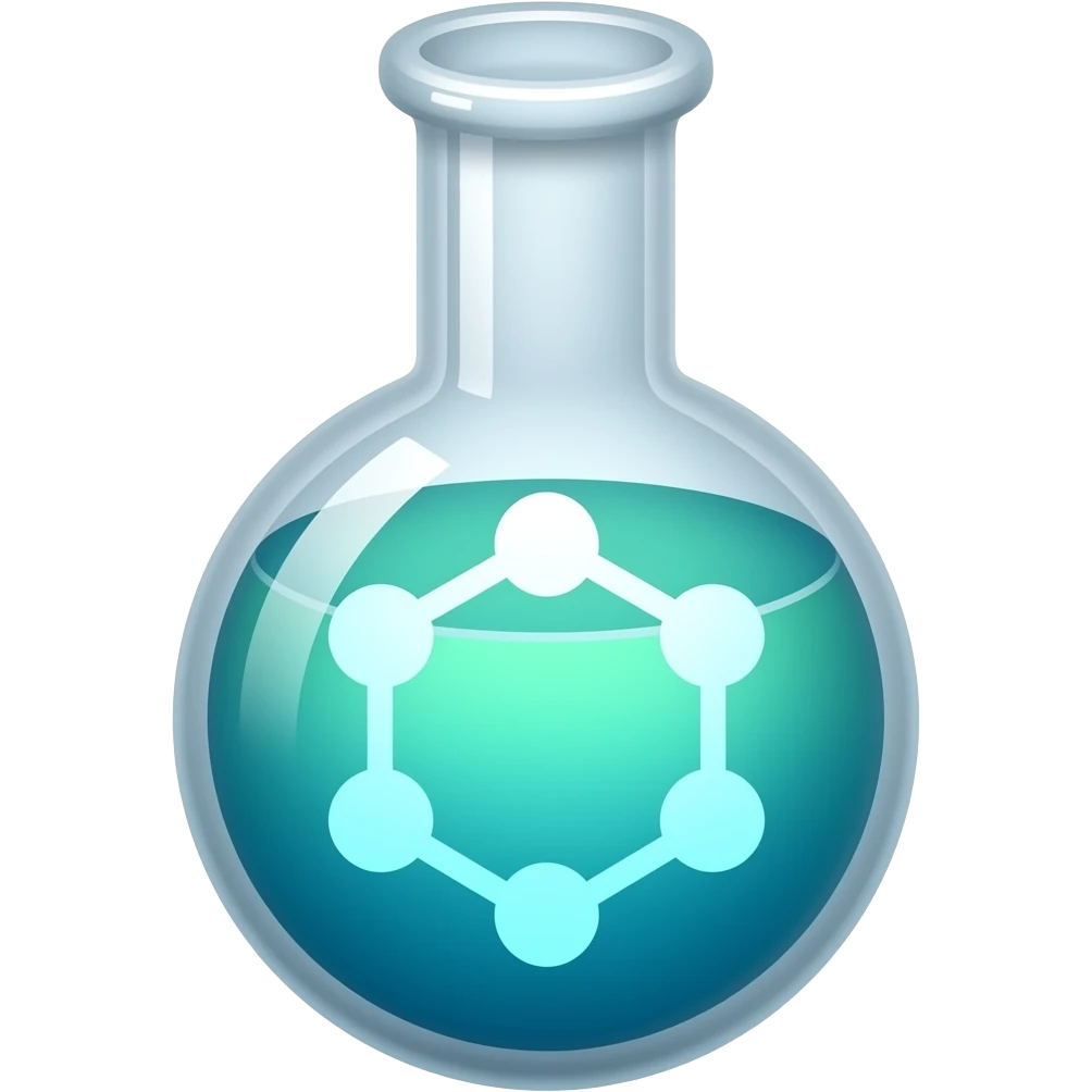 Icon of a stylized, perfectly formed new complex chemical molecule emitting a bright blue glowing light from a laboratory flask, innovative medicine concept, clean professional design, flat vector style, vibrant green and blue colors. emoji