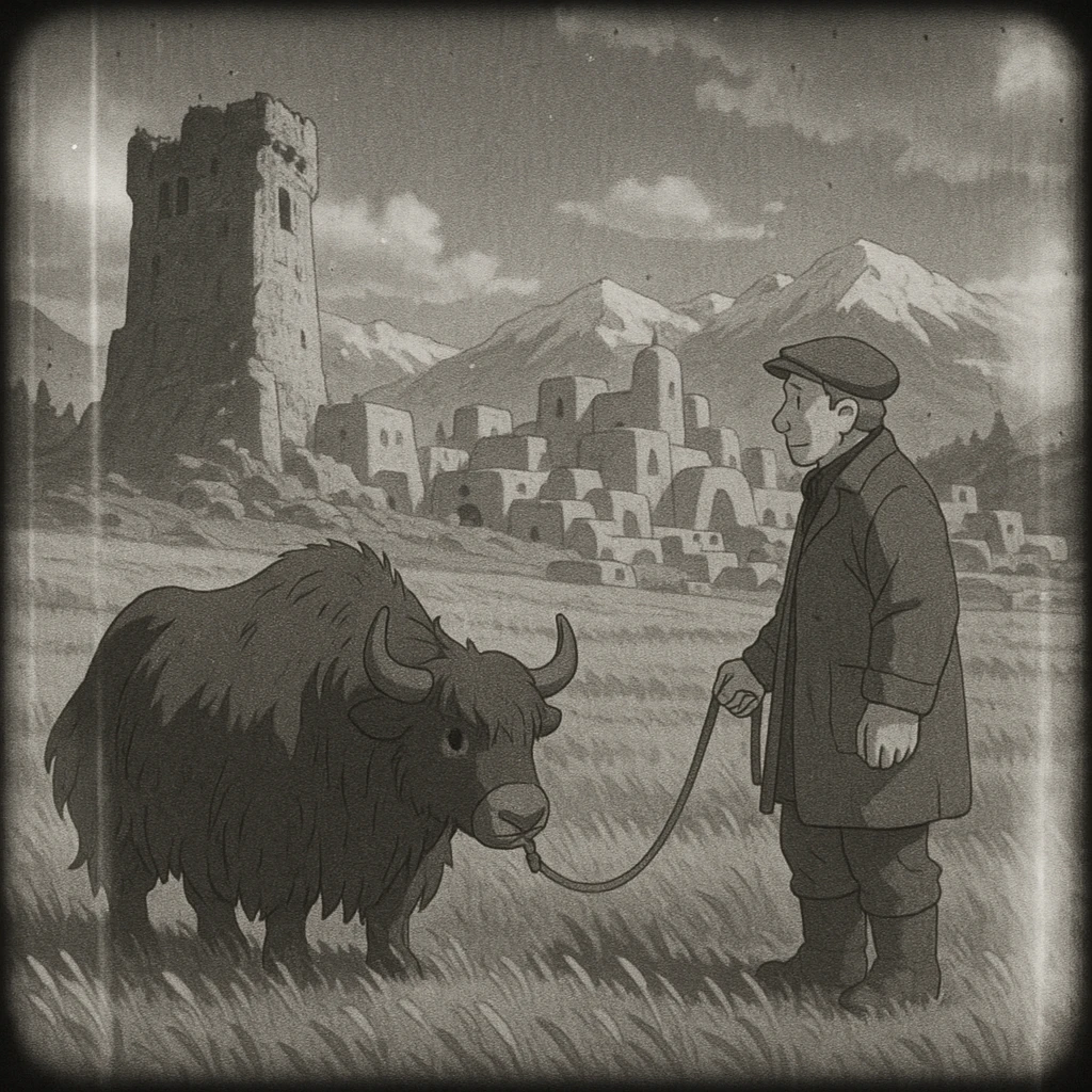 8mm film black and white, no color, light leaks. the image shows post-war reconstruction-era life in the z'rian commonwealth capital region, santa-fe neo-adobe futuristic architechture. arctic temperate region. there is a tattered tower-bastion, a vast field and a middle-aged man with a large black yak emoji