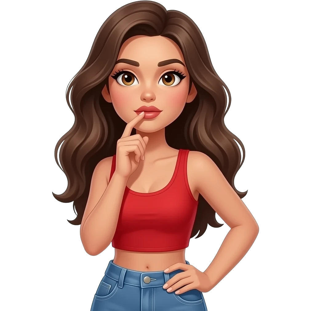 Fingers on lips and thinking looking up woman with tan glowy skin, hazel eyes almond with long lashes,, full lips, dark blonde flowing hair, delicate feminine sexy features, wearing a red crop top and blue low waist jeans, confident and femenine and glam makeup. Intense seductive look. emoji