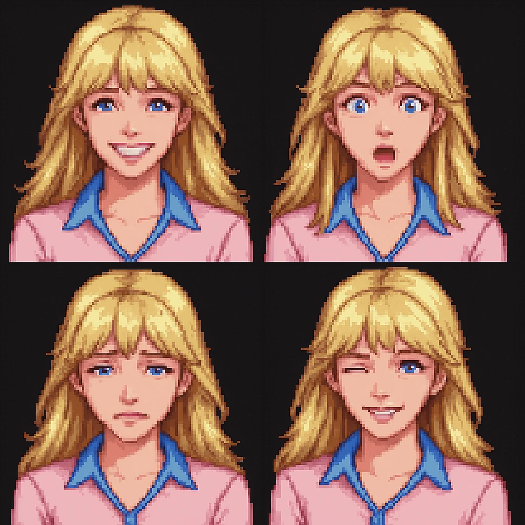 Create four different facial expressions: happy, surprised, sad, and winking. Keep the character with blonde hair with bangs, wearing a pink blouse, and having blue eyes. The style should resemble pixel art style as closely as possible. emoji