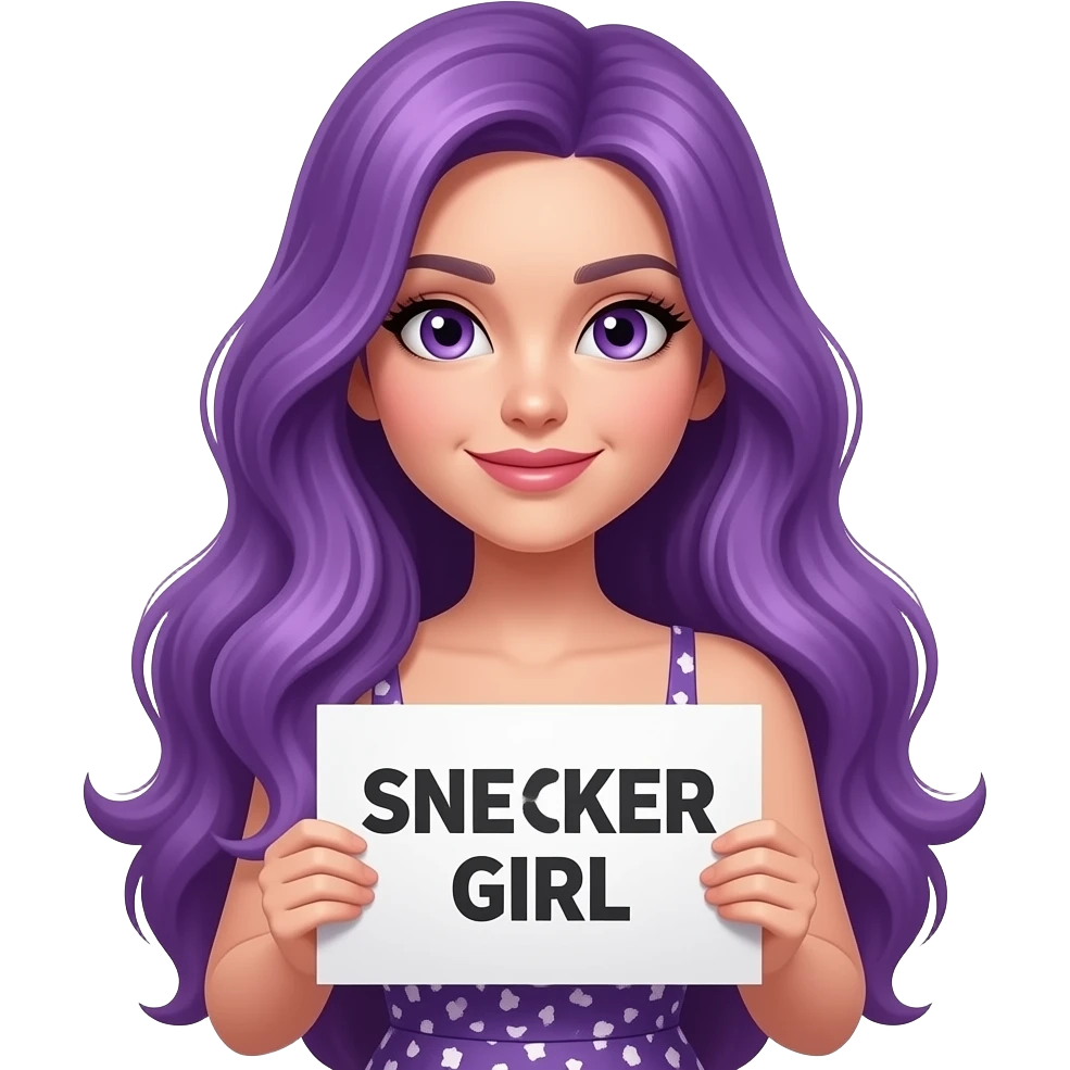 sexy girl with long purple hair and purple eyes wearing a dress holding a SNEAKER GIRL sign emoji