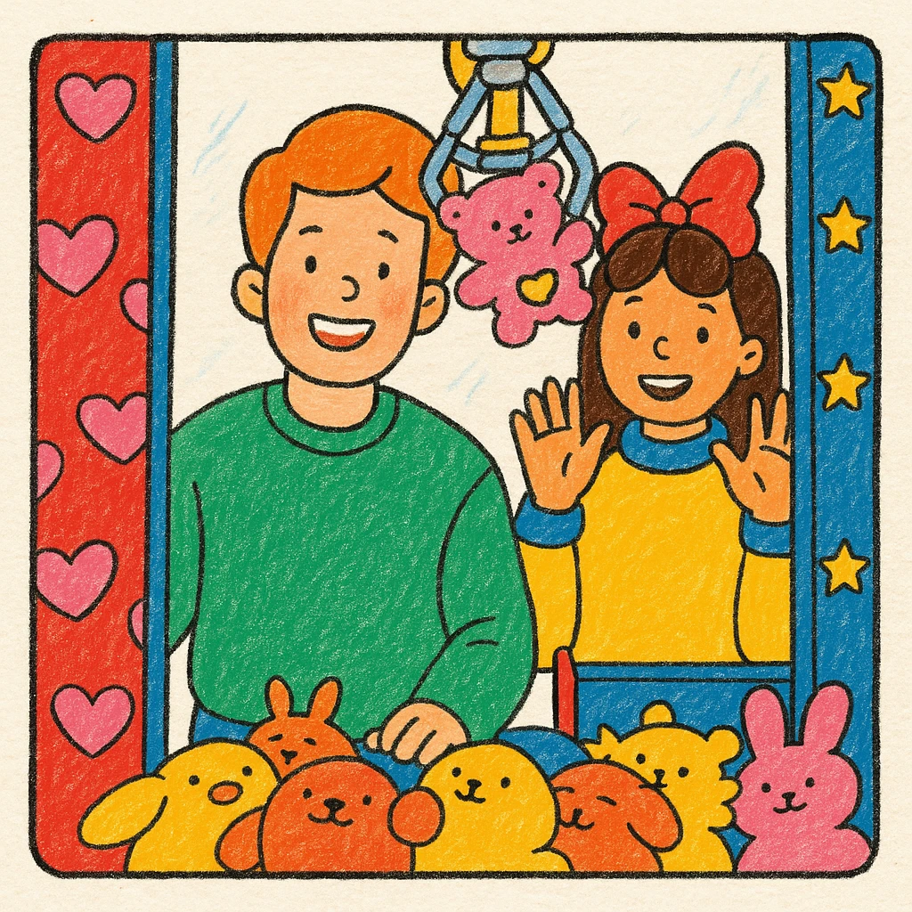Colorir o desenho de duas crianças brincando em uma máquina de bichos de pelúcia, usando cores vivas e alegres, mantendo o estilo original do traço, no estilo hand drawn children's illustration. emoji