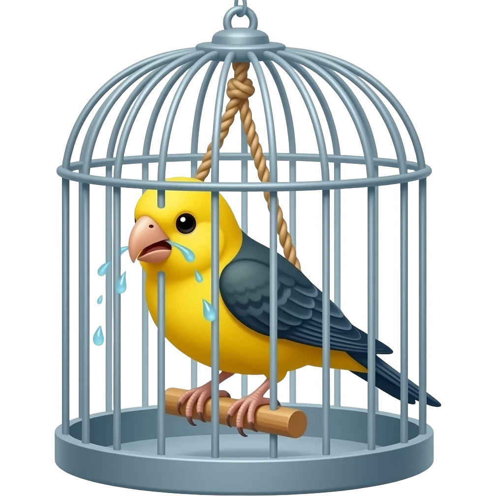 kafeste ipten sarkan ağlayan sarı lacivert renkli  kanarya emoji