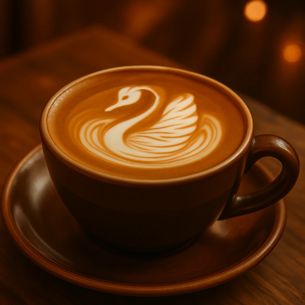 Add a swan foam art style to the coffee latte, keep the warm and inviting atmosphere. Maintain the cozy and warm look of the original image. emoji