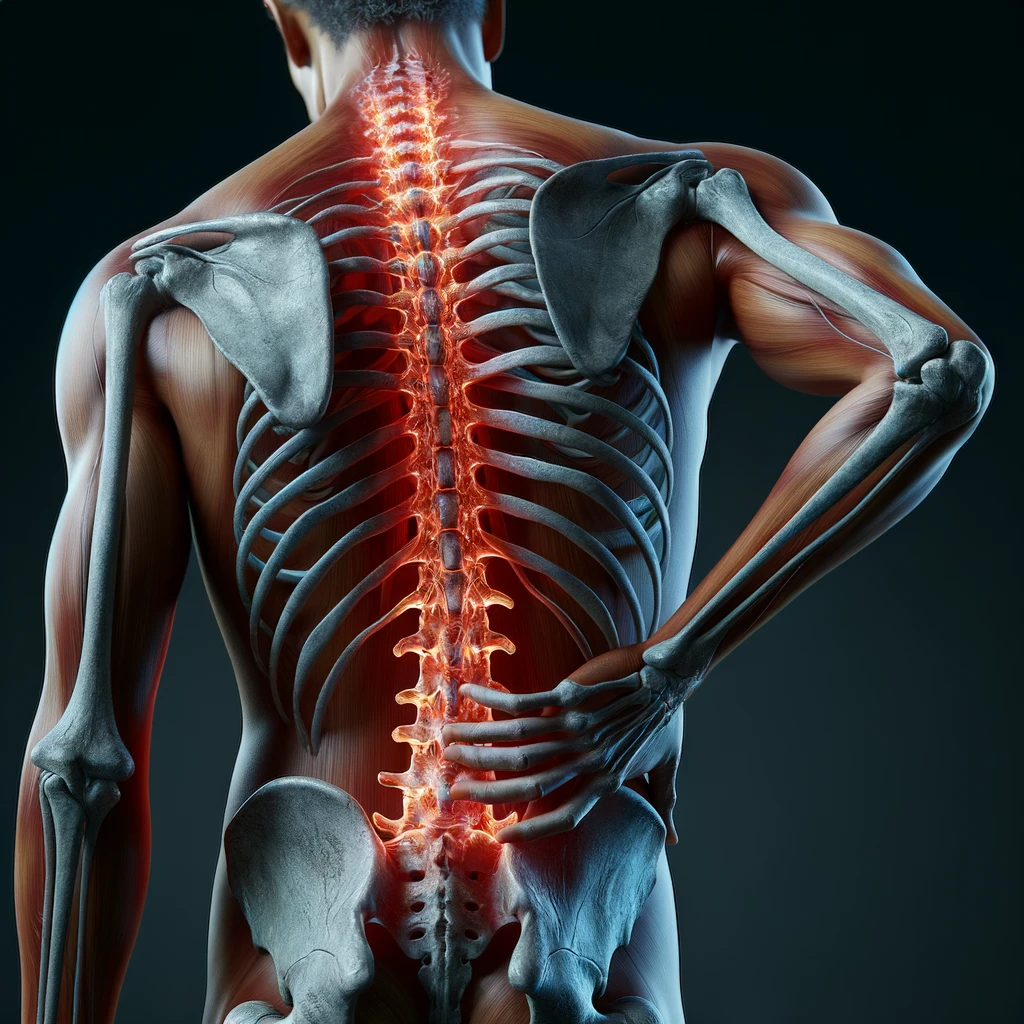 corpo umano anatomico di spalle e fisico storto, spina dorsale in evidenza, dolore alla schiena su un lato, iperrealistico 4k emoji