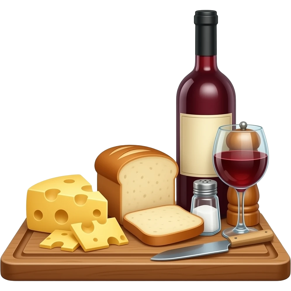 Käse-Brot-Rotwein Flasche Salz und Pfeffer auf ein Holzbrett emoji