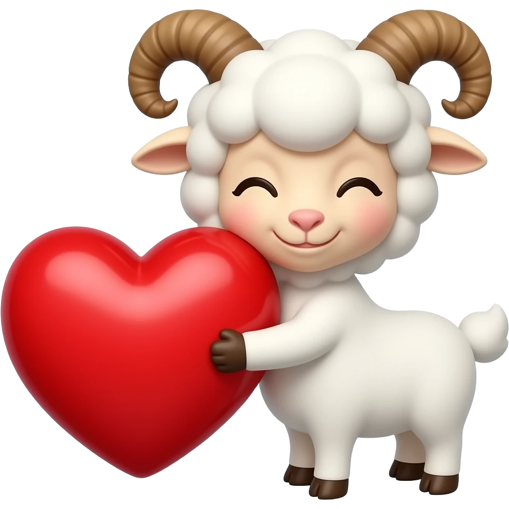 Cute ram with horns emoji hugging a large red heart, close-up emoji