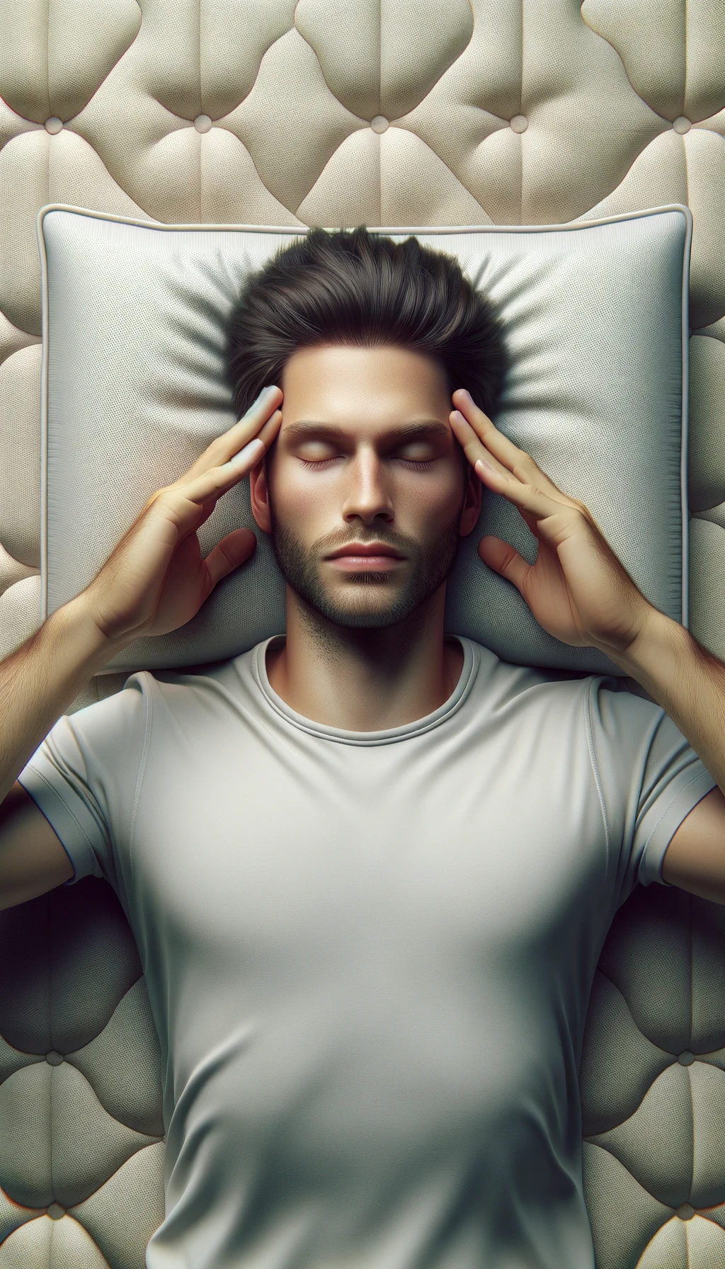 uomo steso sul materasso visto dall'alto che si concentra con gli occhi chiusi e le mani sulle tempie, SFONDO CHIARO NEUTRO, colori realistici, iperrealistico 4k emoji