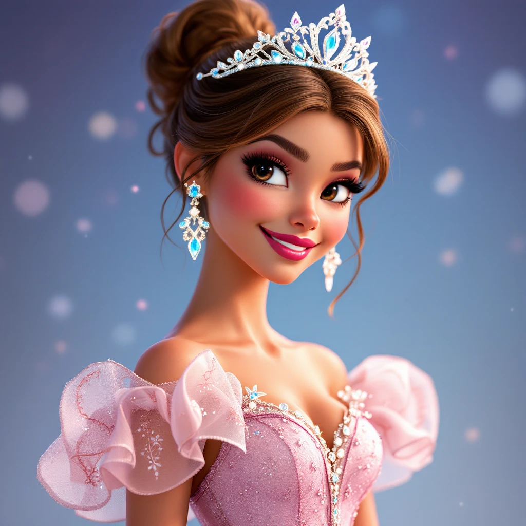 Zendaya in a 3D classic Disney style, with a tiara, elegant dress, warm enchanting expression, inspired by traditional Disney princesses emoji