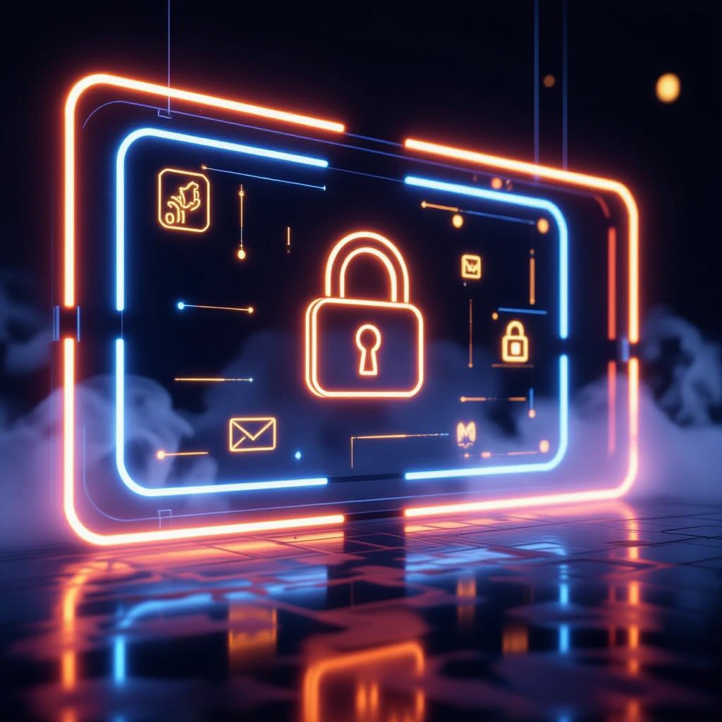 
Prominent neon lighting, glowing edges, soft digital mist, dramatic shadows, floating security icons, and subtle golden highlights.
Ultra-detailed, photorealistic, clean 16K look with bold, visible lighting. emoji