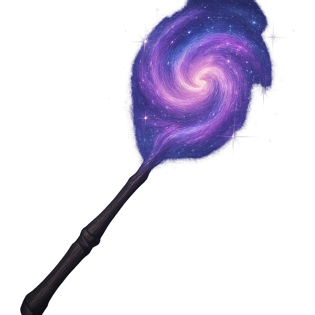 a magical wand with a swirling galaxy nebula at the tip, glowing with cosmic colors, sparkling stars, fantasy style emoji