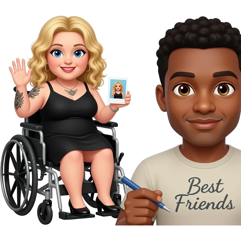 Plus size women waving in wheelchair Blonde curly hair blue eyes black tattoos a black summer dress holding a Polaroid photo of herself and African American man black hair brown eyes no facial hair saying “Best Friends” in cursive writing emoji