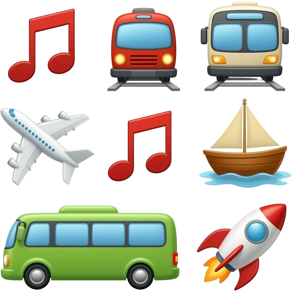 Car song, train song, airplane dance, boat song, bus song, and rocket song emoji