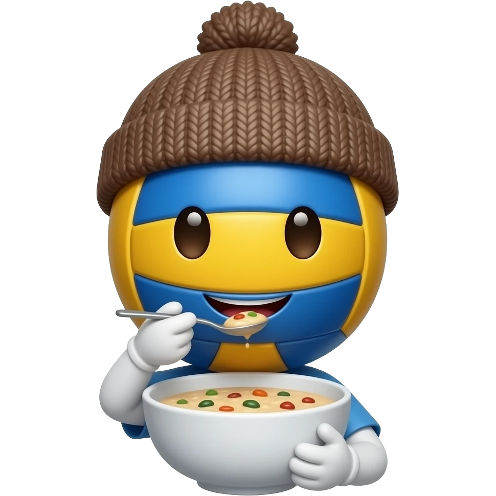 volleyball wearing a beanie eating from a bowl of porridge. just this. do not add anything else, i want the volleyball to have a face emoji