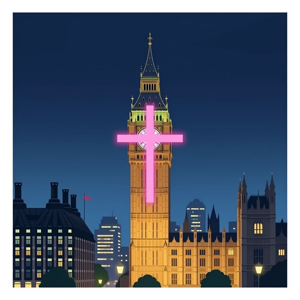 London clock tower with a glowing pink Christian cross replacing the analogs emoji
