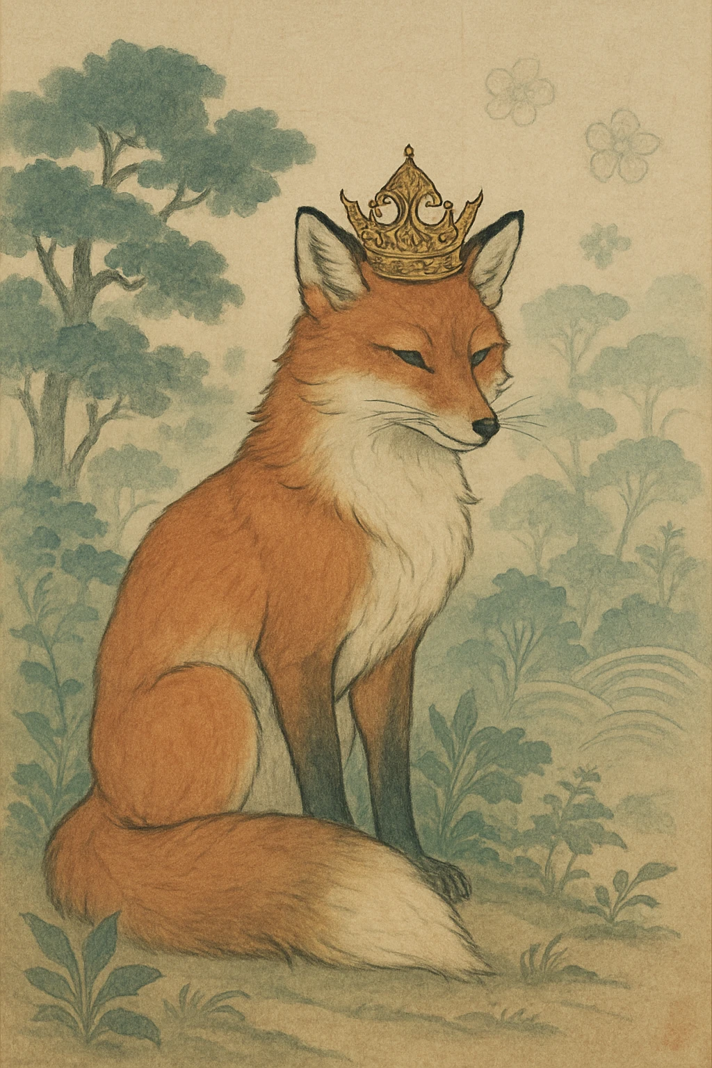 majestic red fox in a lush forest, ornate crown, inspired by traditional Japanese painting, tranquil and refined emoji