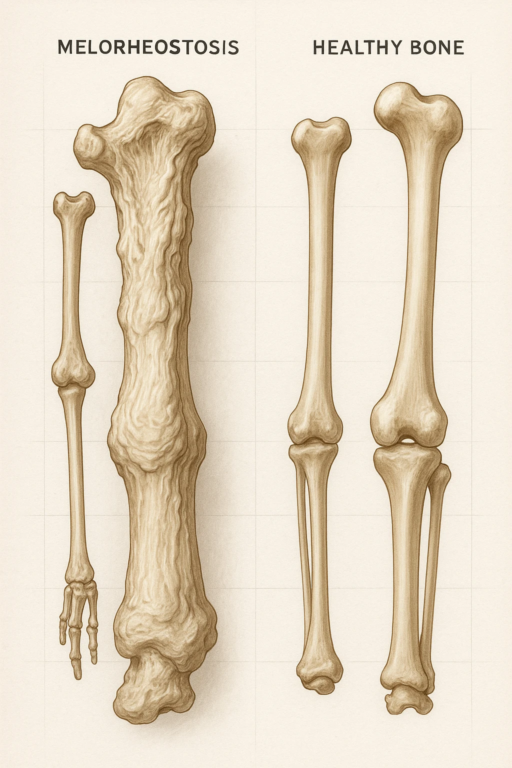 A highly realistic medical illustration focusing on a human arm and leg bones affected by melorheostosis. The bones appear visibly thickened, irregular, and larger than normal, with clear, layered bone growth resembling melted wax dripping down the side of the bones. The image shows a side-by-side comparison with a healthy bone for clarity, highlighting the difference in size and texture. The color palette includes neutral bone colors with subtle shading to show the abnormal contours and ridges. The background is clean and minimalistic, with faint anatomical grid lines for a scientific, educational feel. The overall mood is informative and precise, conveying the key visual characteristic of melorheostosis: progressive bone thickening that makes bones visibly larger and irregular. in italiano emoji