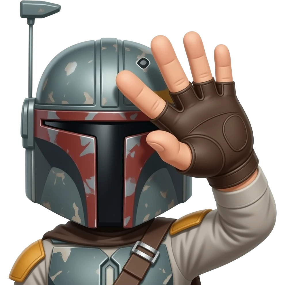 mandalorian     Use classic mandalorian from last images, put a fingerless glove on the hand, PUT THE HAND OVER THE FOREHEAD - Keep everything the same but reverse the thumb position, the thumb is backwards.   Place a flat palm and spread fingers against the forehead. emoji