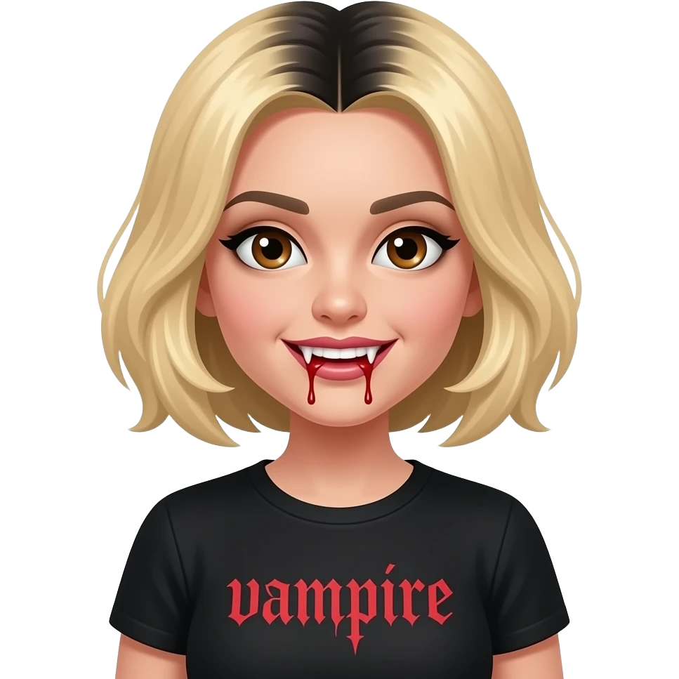 women blond medium short hair face and hair looking to the side with black roots, black skin, brown eyes, black tee shirt vampire writen on shirt, dracula teeth with blood on the fangs emoji
