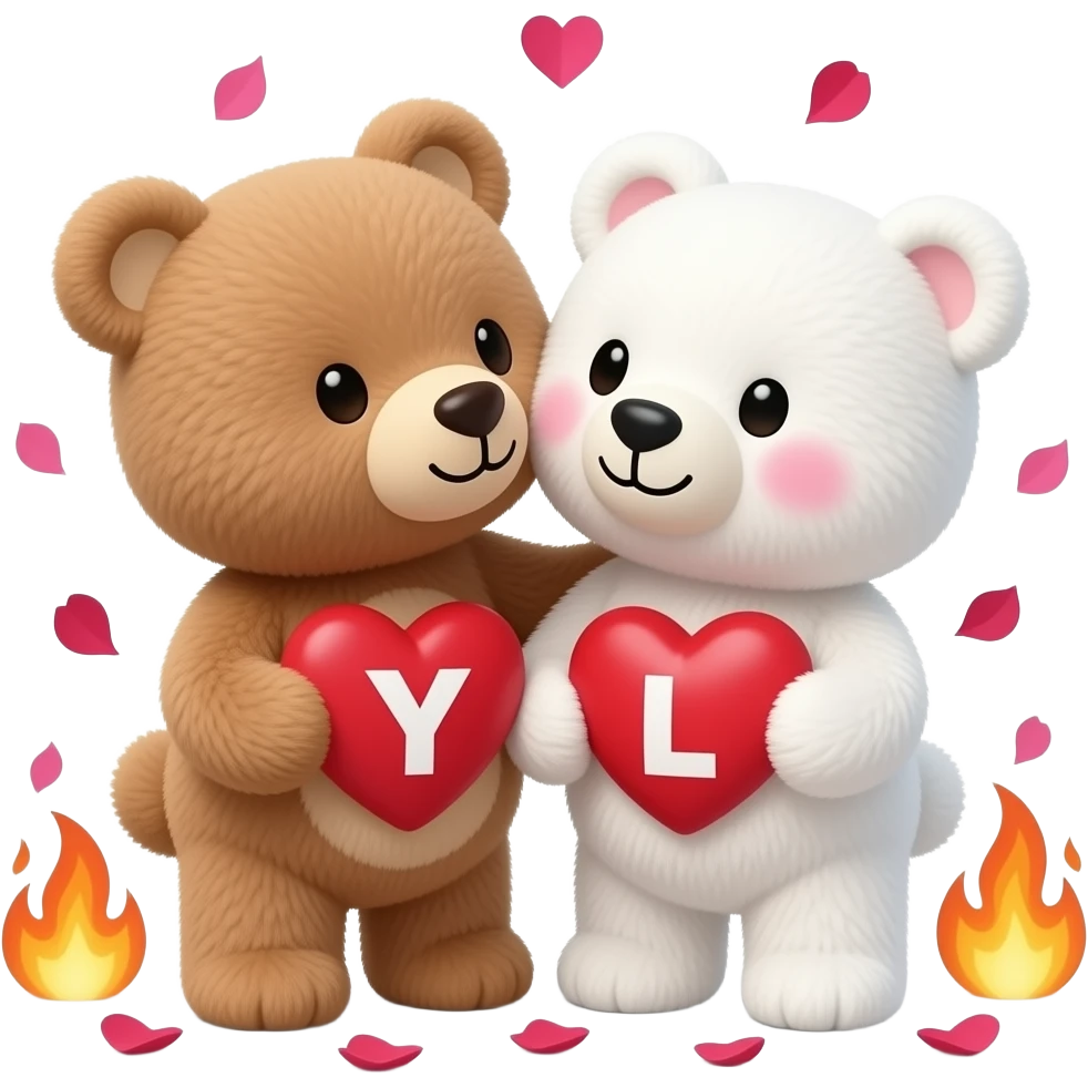 I want one light brown bear teddy kissing on cheek white bear teddy both holding heart , both a little furry, the  white bear blushes and smiles , add letter Y to the heart of the brown bear and letter L to the heart of the white bear , raining rose petals , hearts on fire emoji