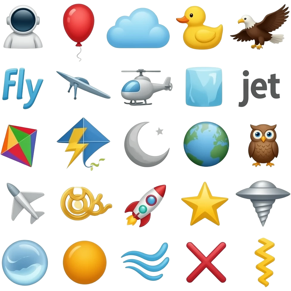 Air alphabet: a is for astronaut, balloon, cloud, duck, eagle, fly, glider, helicopter, ice, jet, kite, lightning, moon, Neptune, owl, plane, queen, rocket, star, tornado, ufo, Venus, wind, x-rays, yellow, zigzag emoji