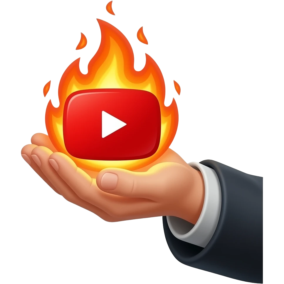 A wizard’s hand holding a glowing, magical YouTube logo like a fire spell. Text below: "Do you want Content Maker?". High fantasy, mystical particles, clean white background, sticker style emoji
