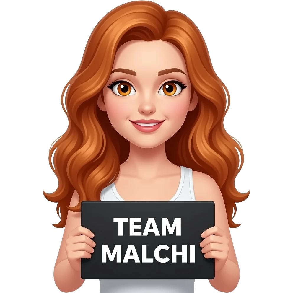 sexy girl with long wavy ginger hair and ginger eyes wearing a white tanktop is holding a black colored sign with TEAM MALACHI written on it emoji