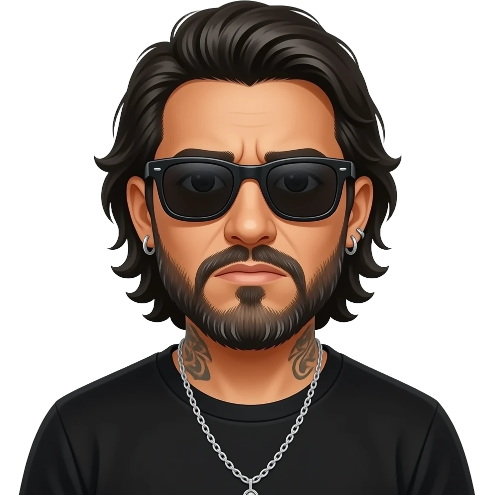 handsome, manly Latino podcast host with black colored eyes wearing black with silver jewelry, with medium length hair, a very long, lightly graying beard and tattoos, his ear and nose pierced, dark sunglasses. He didn’t see anything emoji