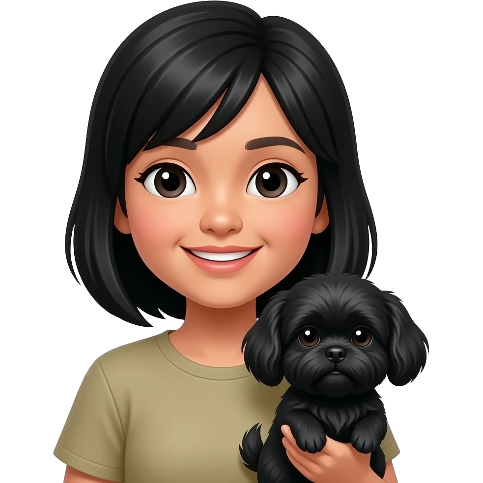 Black medium length hair Indonesian girl holding a black shih tzu emoji