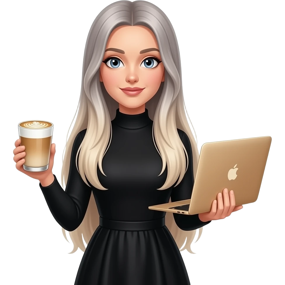 grey eyes woman, In long sleeves black dress, with extreme long very straight blond hair with light ombré hair with late art coffee and MacBook gold in other hands emoji