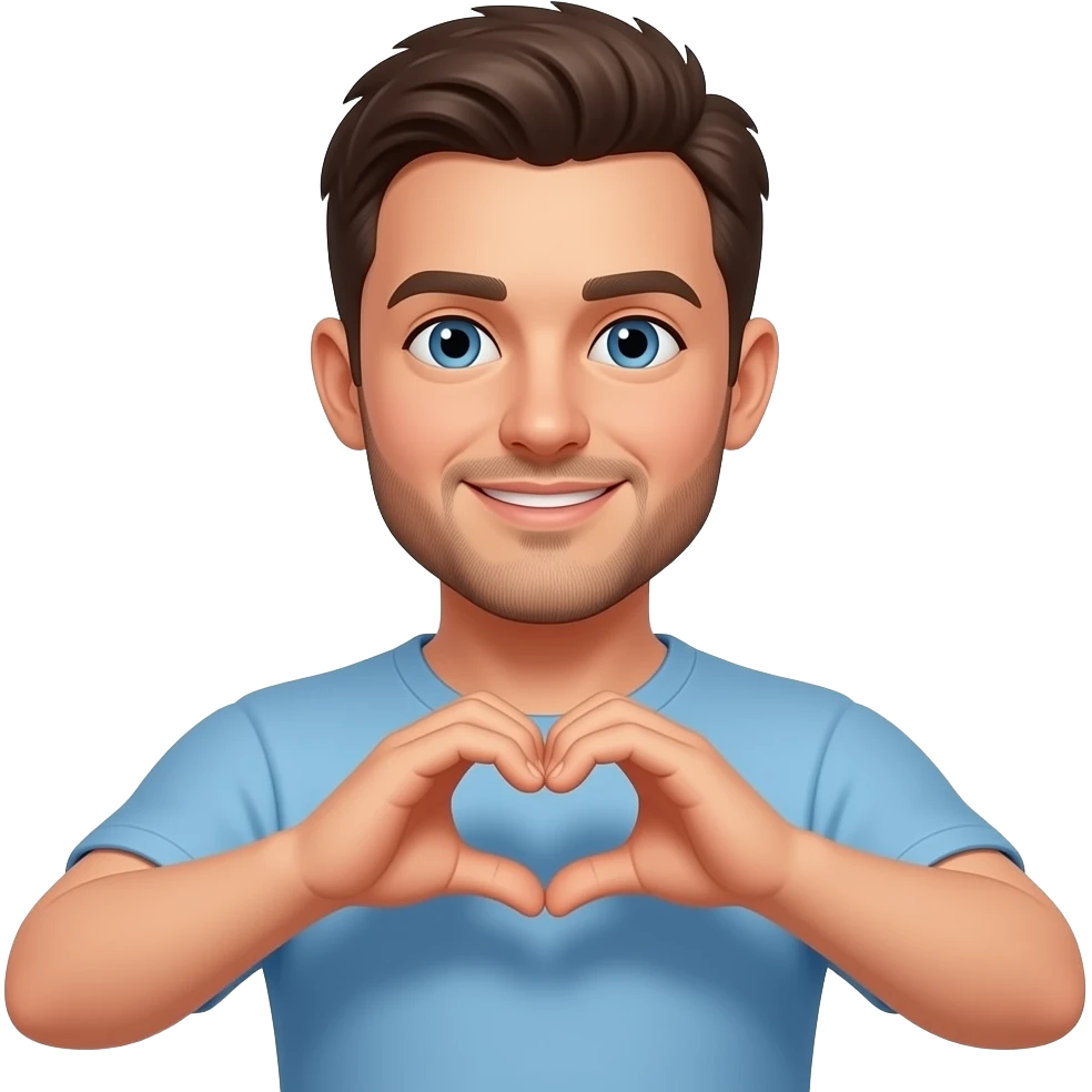 Short hair guy with short beard with blue eyes and hands doing a heart emoji