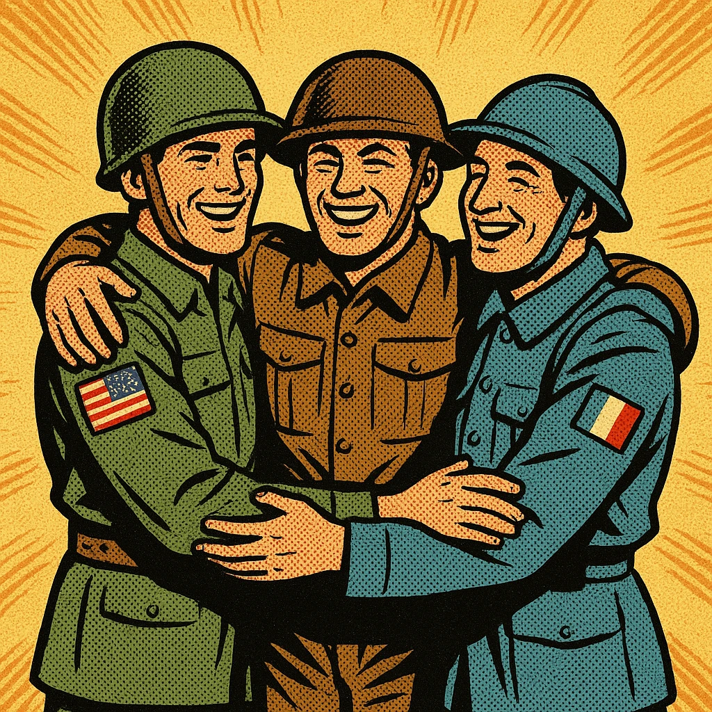 A full body 1940s American soldier with the US flag on his arm with his arms around a 1940s British soldier and a 1940s French soldier. They are all happy. emoji