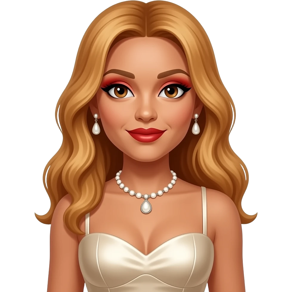 Faith Evans with brown eyes, long reddish blonde hair, red eyeshadow and lipstick, ivory metallic sweetheart dress, ivory necklace and earrings emoji