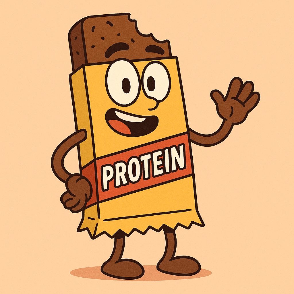cartoon style protein bar with bright colors and a bite taken out emoji